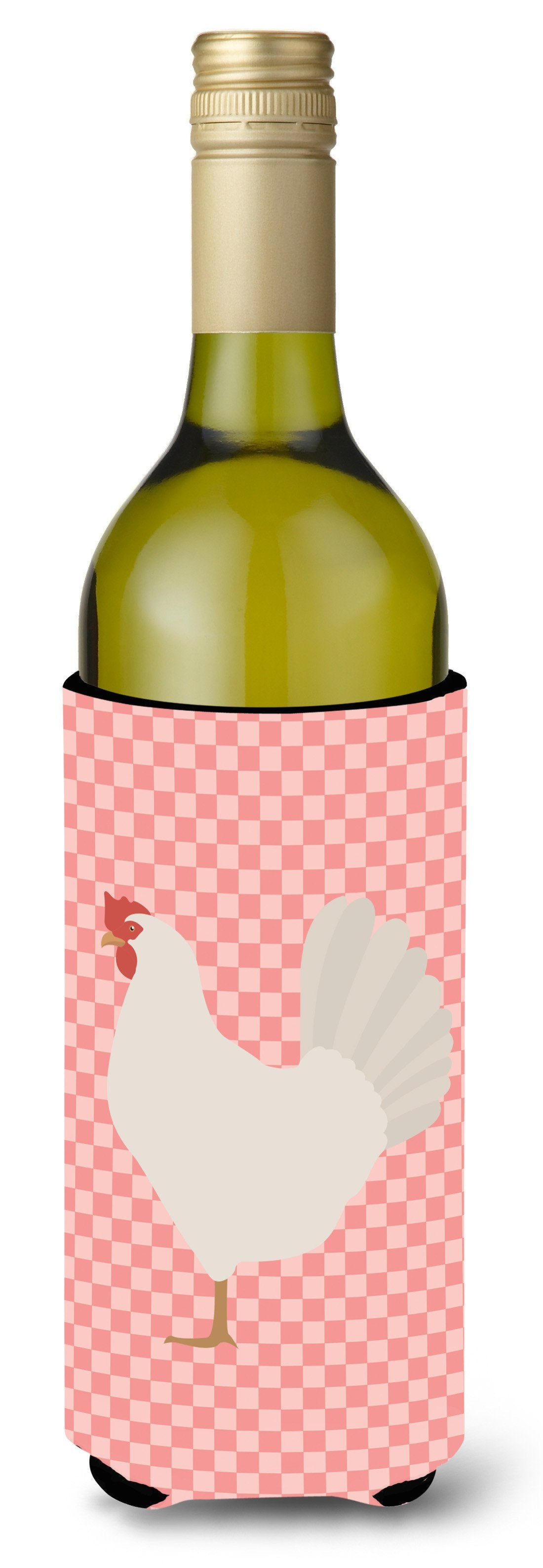 Leghorn Chicken Pink Check Wine Bottle Hugger Gift Sleeve for Standard 750 ml Bottles, Insulated Reusable Also Fits Mini Shot & Pint Bottles