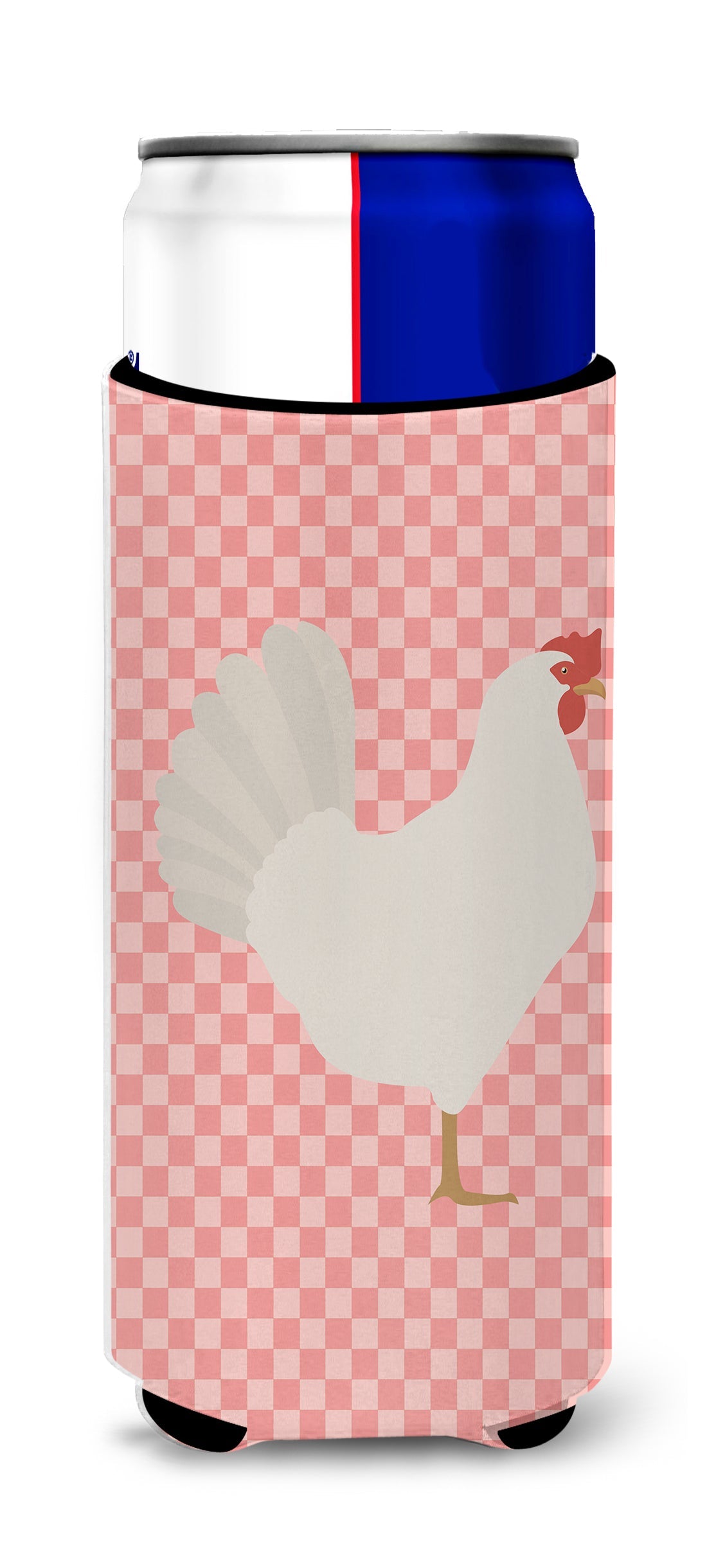 Leghorn Chicken Pink Check Slim Can Hugger , Insulated Foam Hugger for 12 oz Slim Cans, Beer Bottles & Water Bottles, Printed in USA