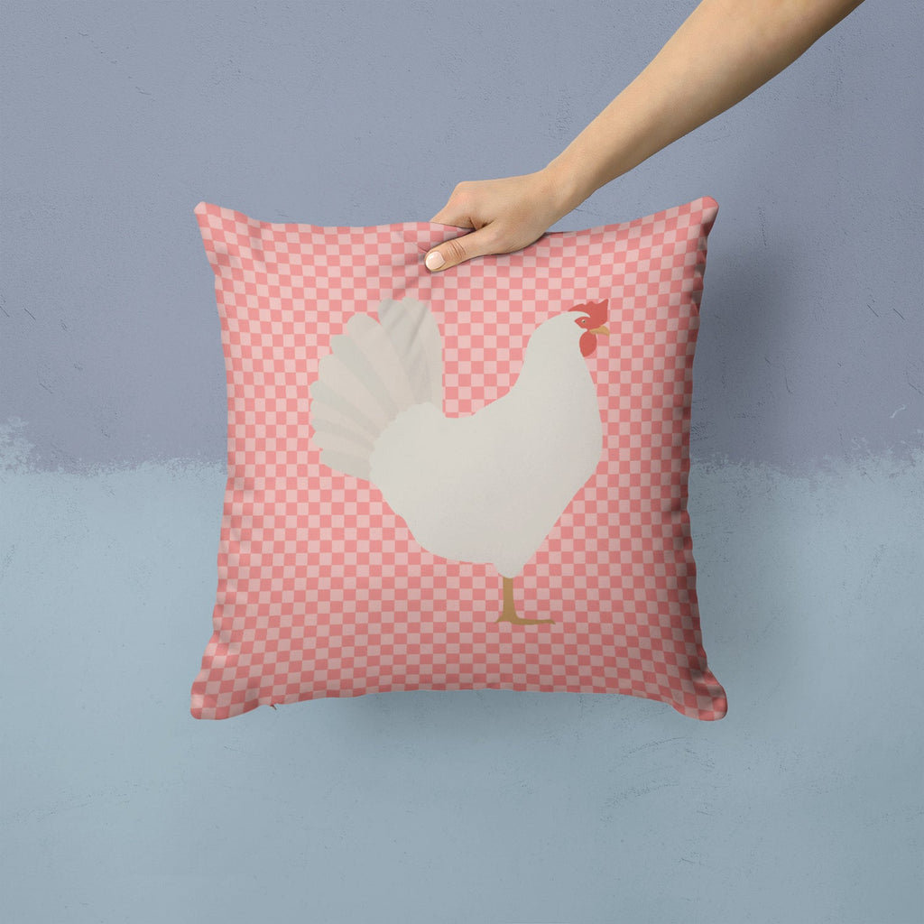 Leghorn Chicken Pink Check Decorative Throw Pillow 14x14 Indoor Outdoor Accent Cushion, Fabric Cover with Insert for Sofa, Bed, Porch & Living Room