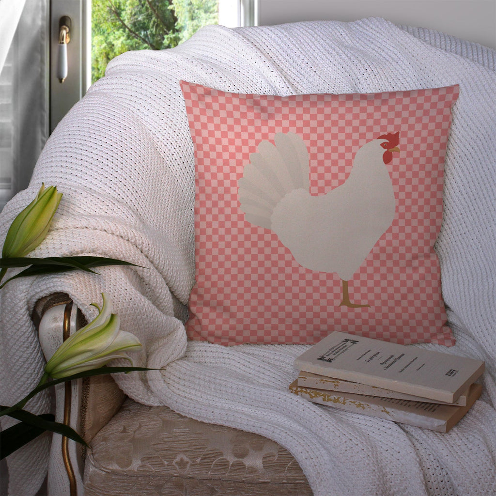 Leghorn Chicken Pink Check Decorative Throw Pillow 14x14 Indoor Outdoor Accent Cushion, Fabric Cover with Insert for Sofa, Bed, Porch & Living Room
