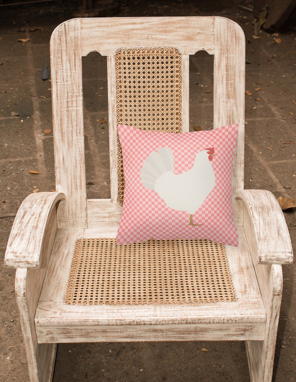 Leghorn Chicken Pink Check Decorative Throw Pillow 18x18 Indoor Outdoor Accent Cushion, Fabric Cover with Insert for Sofa, Bed, Porch & Living Room