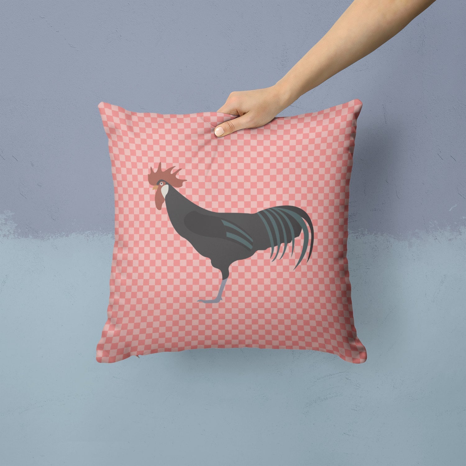 Minorca Ctalalan Chicken Pink Check Decorative Throw Pillow 14x14 Indoor Outdoor Accent Cushion, Fabric Cover with Insert for Sofa, Bed, Porch & Living Room