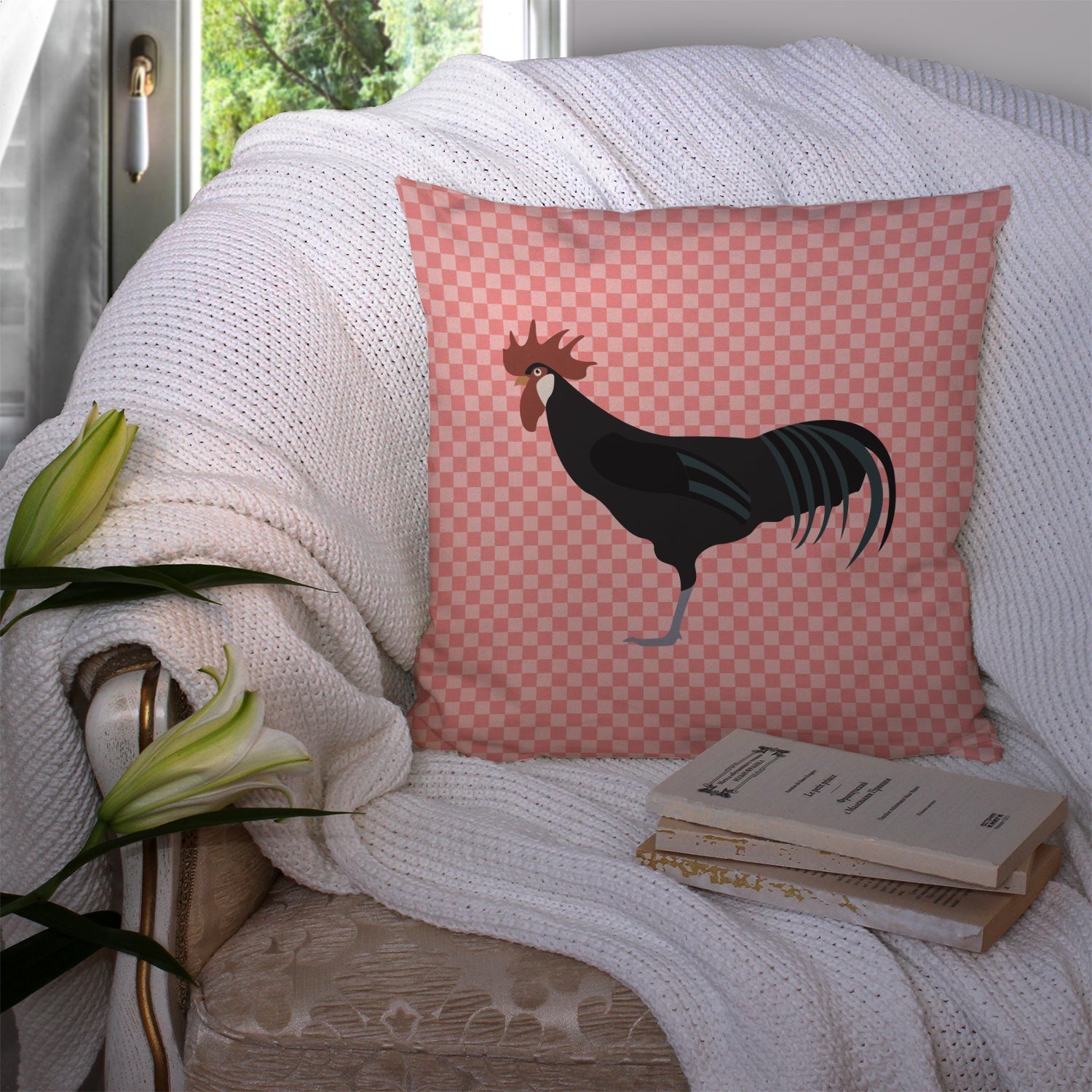 Minorca Ctalalan Chicken Pink Check Decorative Throw Pillow 14x14 Indoor Outdoor Accent Cushion, Fabric Cover with Insert for Sofa, Bed, Porch & Living Room
