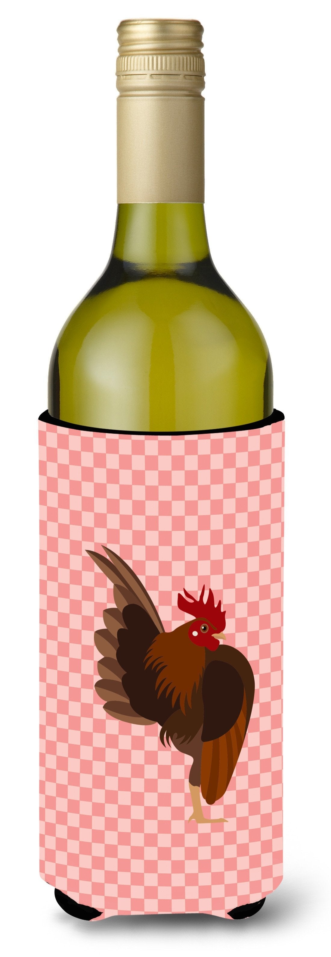 Malaysian Serama Chicken Pink Check Wine Bottle Hugger Gift Sleeve for Standard 750 ml Bottles, Insulated Reusable Also Fits Mini Shot & Pint Bottles