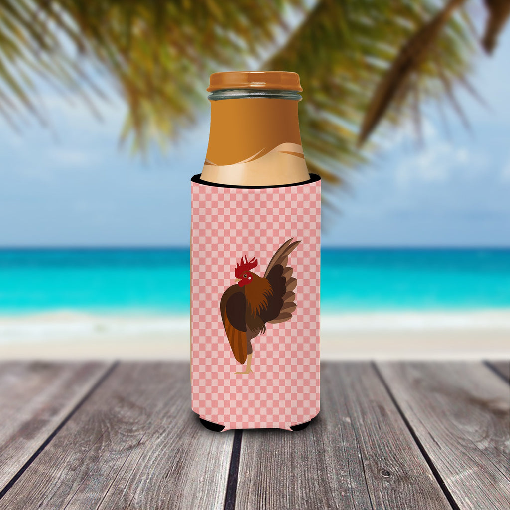 Malaysian Serama Chicken Pink Check Slim Can Hugger , Insulated Foam Hugger for 12 oz Slim Cans, Beer Bottles & Water Bottles, Printed in USA