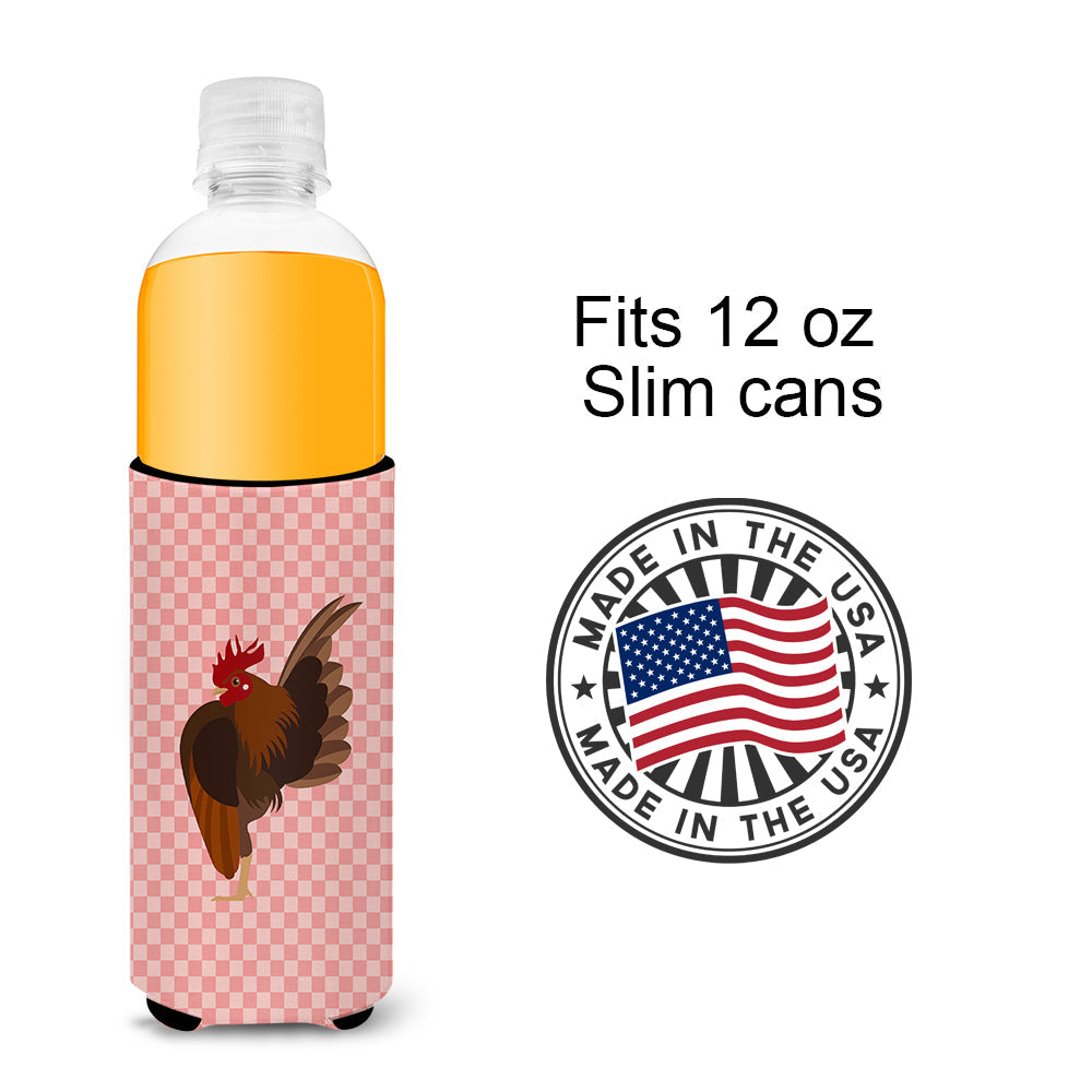 Malaysian Serama Chicken Pink Check Slim Can Hugger , Insulated Foam Hugger for 12 oz Slim Cans, Beer Bottles & Water Bottles, Printed in USA