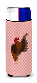 Malaysian Serama Chicken Pink Check Slim Can Hugger , Insulated Foam Hugger for 12 oz Slim Cans, Beer Bottles & Water Bottles, Printed in USA