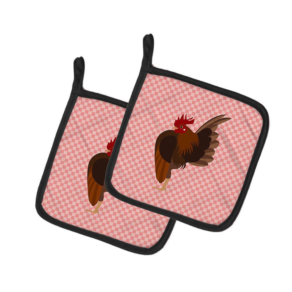 Malaysian Serama Chicken Pink Check Pot Holder Set of 2 Heat Resistant Quilted Hot Pads 7.5 x 7.5 Inch, Insulated Kitchen Trivets for Cooking & Baking