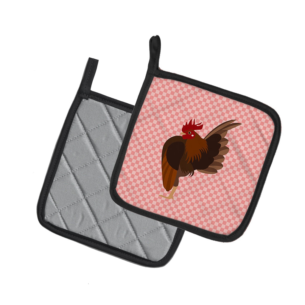 Malaysian Serama Chicken Pink Check Pot Holder Set of 2 Heat Resistant Quilted Hot Pads 7.5 x 7.5 Inch, Insulated Kitchen Trivets for Cooking & Baking