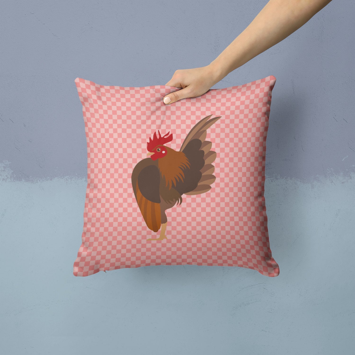 Malaysian Serama Chicken Pink Check Decorative Throw Pillow 14x14 Indoor Outdoor Accent Cushion, Fabric Cover with Insert for Sofa, Bed, Porch & Living Room