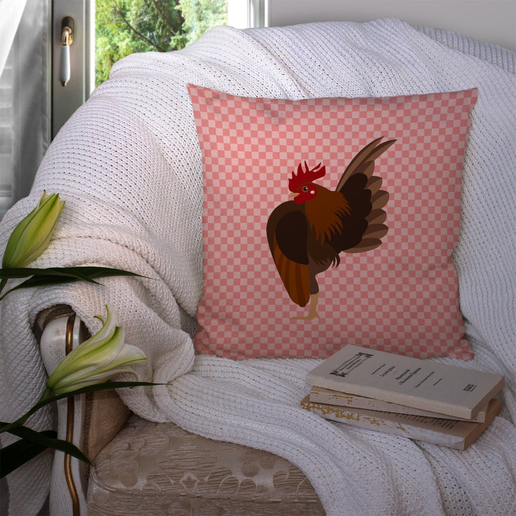 Malaysian Serama Chicken Pink Check Decorative Throw Pillow 14x14 Indoor Outdoor Accent Cushion, Fabric Cover with Insert for Sofa, Bed, Porch & Living Room