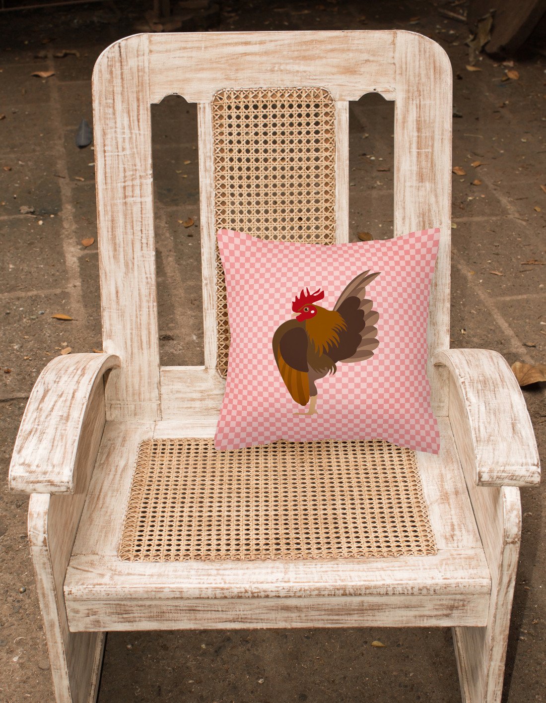 Malaysian Serama Chicken Pink Check Decorative Throw Pillow 18x18 Indoor Outdoor Accent Cushion, Fabric Cover with Insert for Sofa, Bed, Porch & Living Room