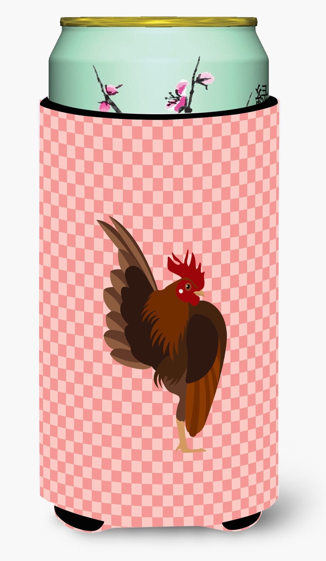 Malaysian Serama Chicken Pink Check Tall Boy Hugger Can Cooler Sleeve Machine Washable Drink Collapsible Insulator Beverage Insulated Holder