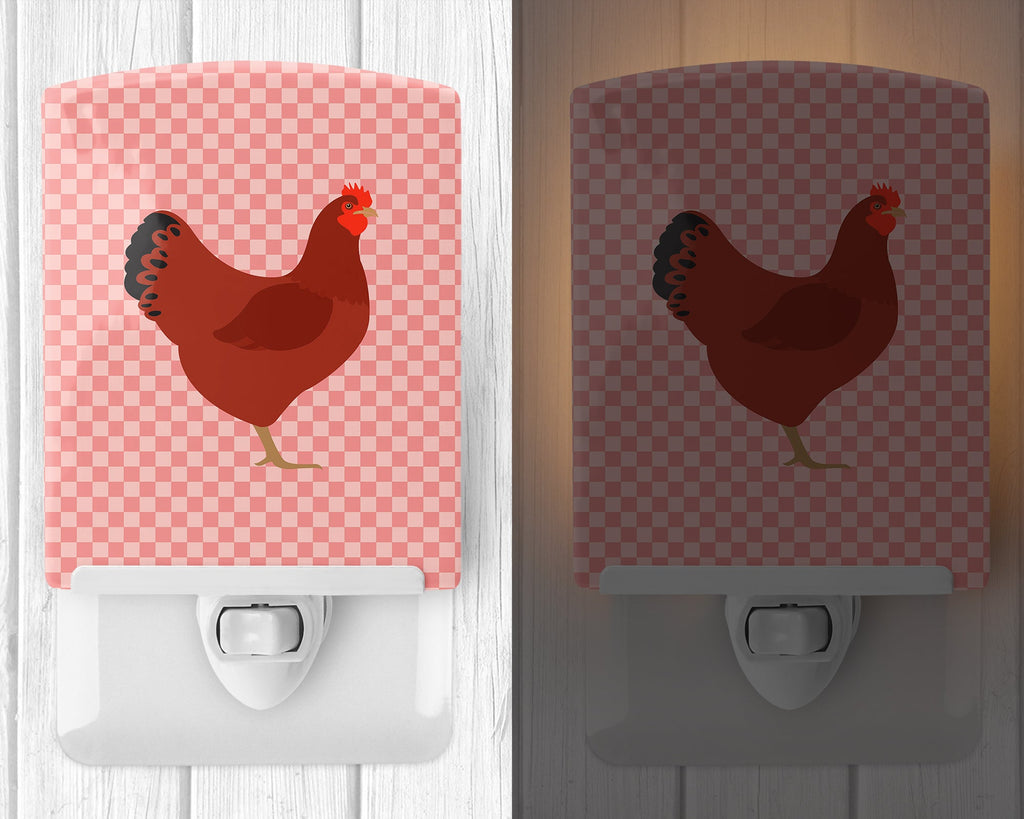 New Hampshire Red Chicken Pink Check Ceramic Night Light Compact, UL-Certified, Ideal for Bedroom, Bathroom, Nursery, Hallway, Kitchen, 6x4x3, Multicolor