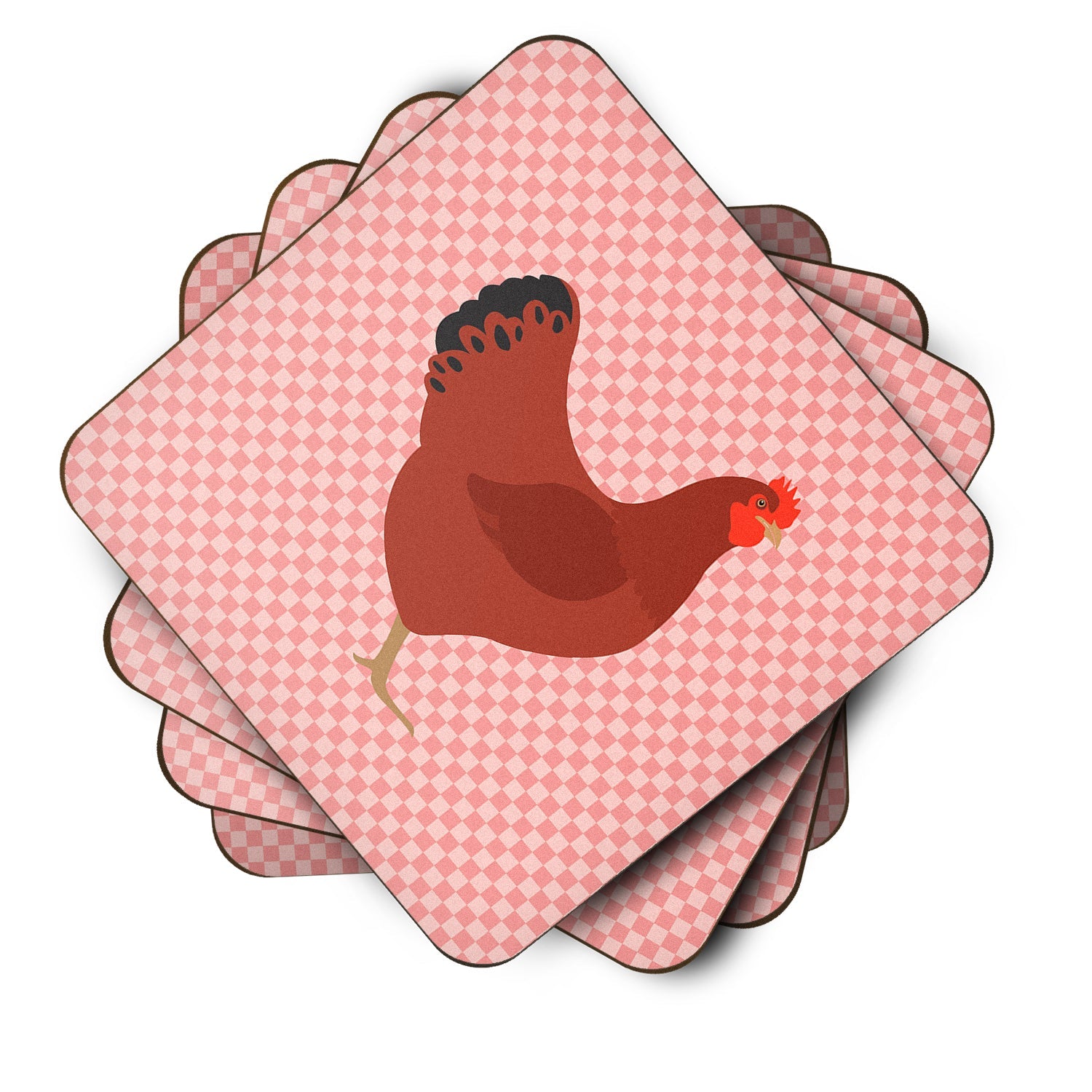 New Hampshire Red Chicken Pink Check Foam Coasters Set of 4 Cup Coasters for Indoor Outdoor, Tabletop Protection, Anti Slip, Mouse pad Material