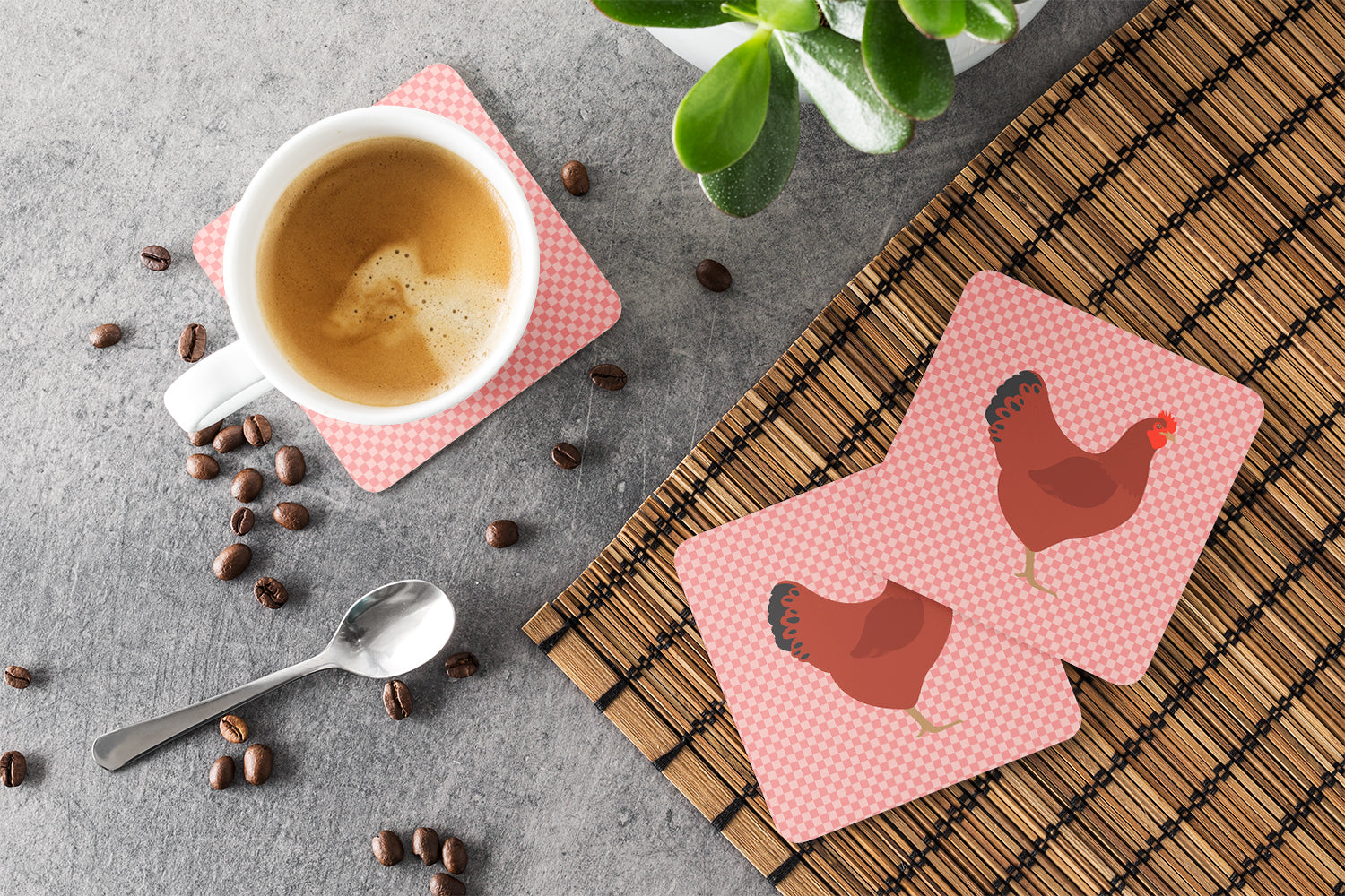 New Hampshire Red Chicken Pink Check Foam Coasters Set of 4 Cup Coasters for Indoor Outdoor, Tabletop Protection, Anti Slip, Mouse pad Material