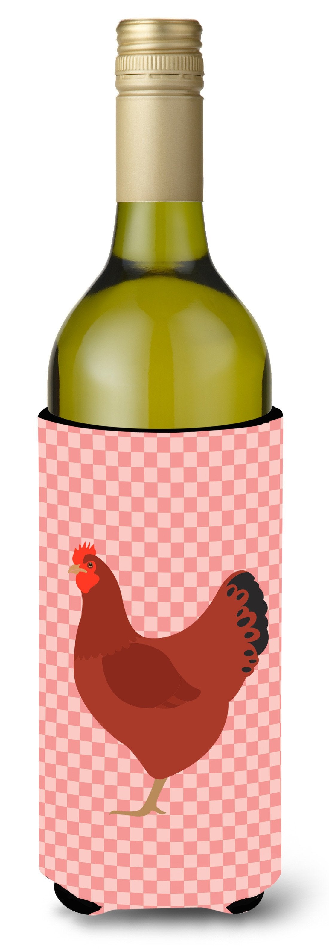 New Hampshire Red Chicken Pink Check Wine Bottle Hugger Gift Sleeve for Standard 750 ml Bottles, Insulated Reusable Also Fits Mini Shot & Pint Bottles