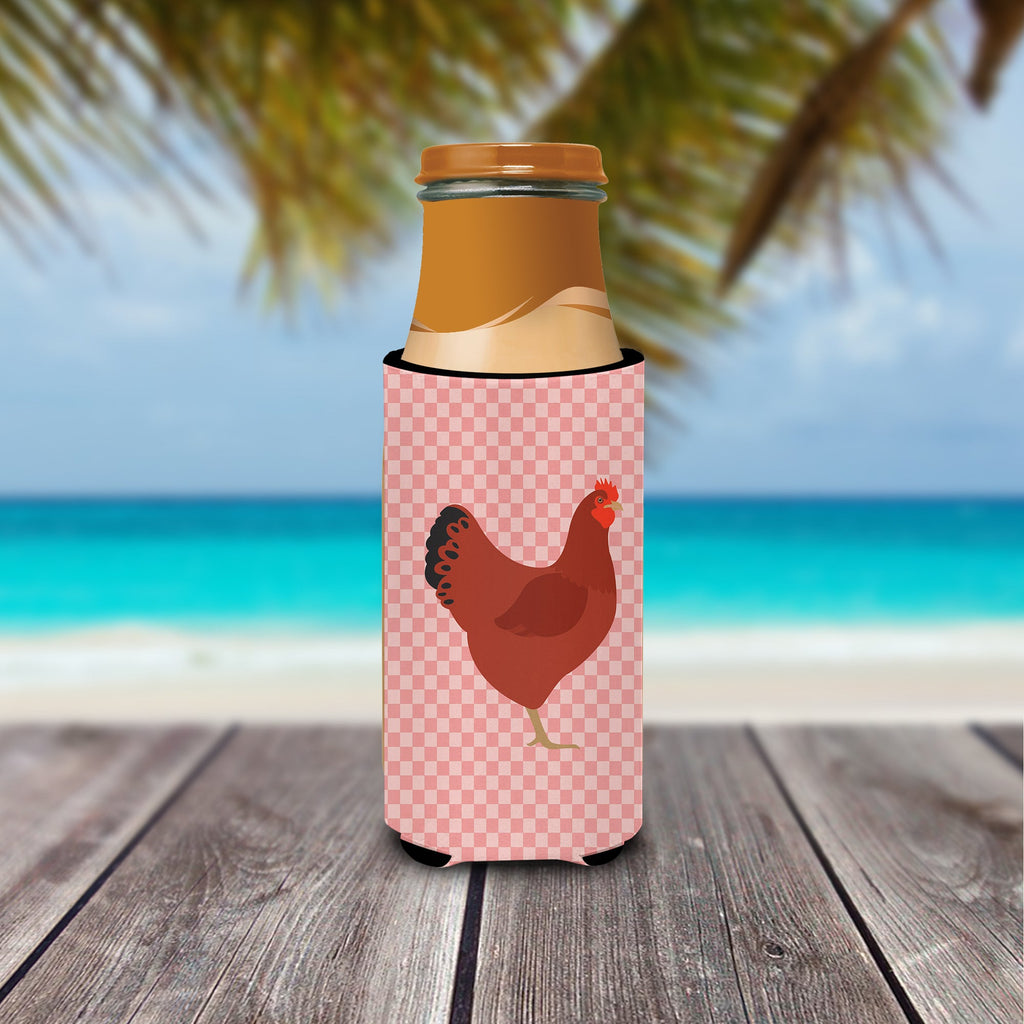 New Hampshire Red Chicken Pink Check Slim Can Hugger , Insulated Foam Hugger for 12 oz Slim Cans, Beer Bottles & Water Bottles, Printed in USA