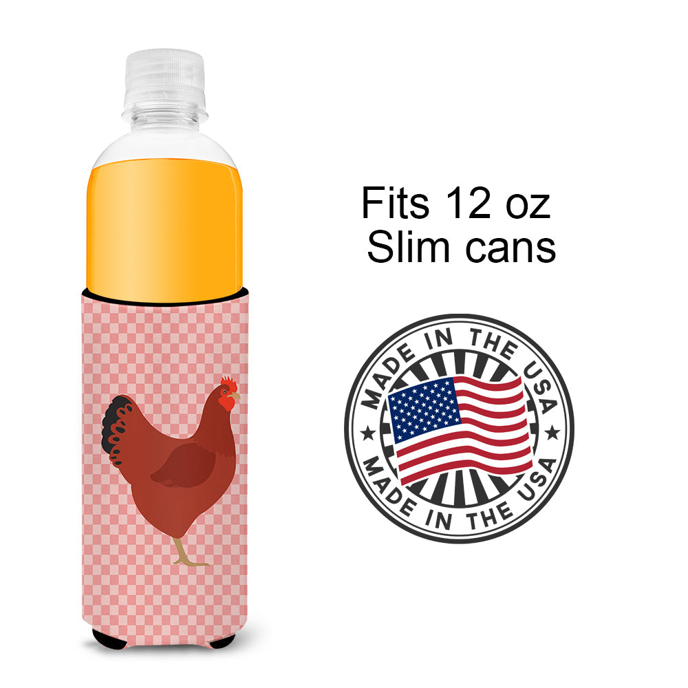 New Hampshire Red Chicken Pink Check Slim Can Hugger , Insulated Foam Hugger for 12 oz Slim Cans, Beer Bottles & Water Bottles, Printed in USA