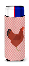New Hampshire Red Chicken Pink Check Slim Can Hugger , Insulated Foam Hugger for 12 oz Slim Cans, Beer Bottles & Water Bottles, Printed in USA