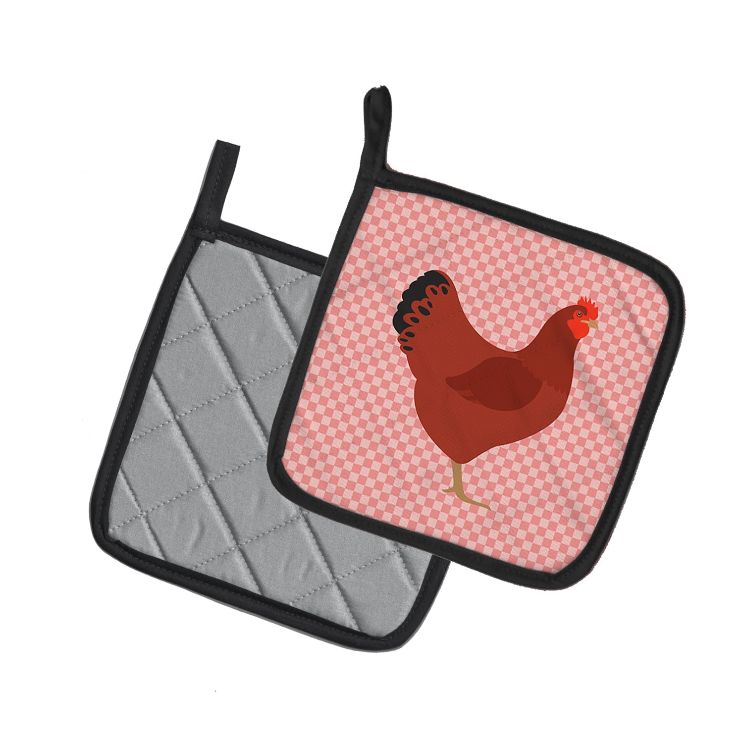 New Hampshire Red Chicken Pink Check Pot Holder Set of 2 Heat Resistant Quilted Hot Pads 7.5 x 7.5 Inch, Insulated Kitchen Trivets for Cooking & Baking