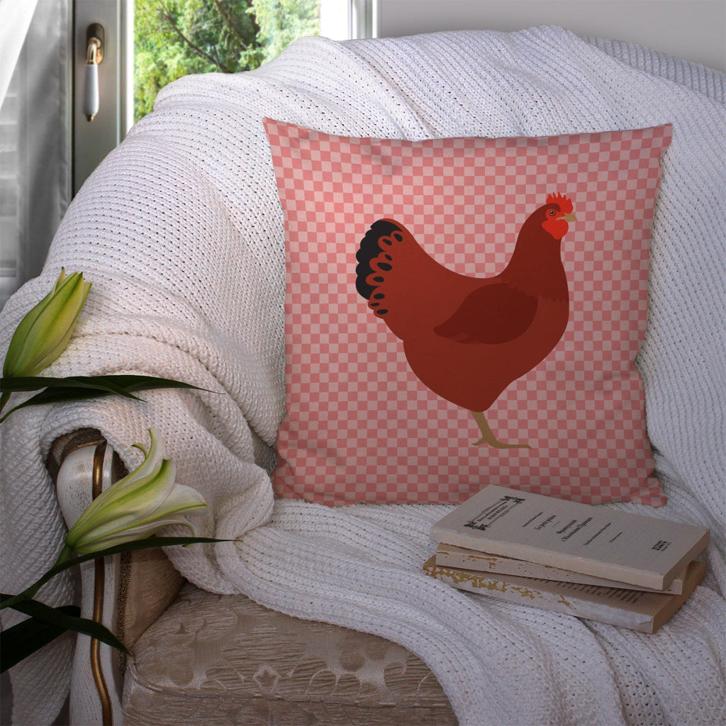 New Hampshire Red Chicken Pink Check Decorative Throw Pillow 14x14 Indoor Outdoor Accent Cushion, Fabric Cover with Insert for Sofa, Bed, Porch & Living Room