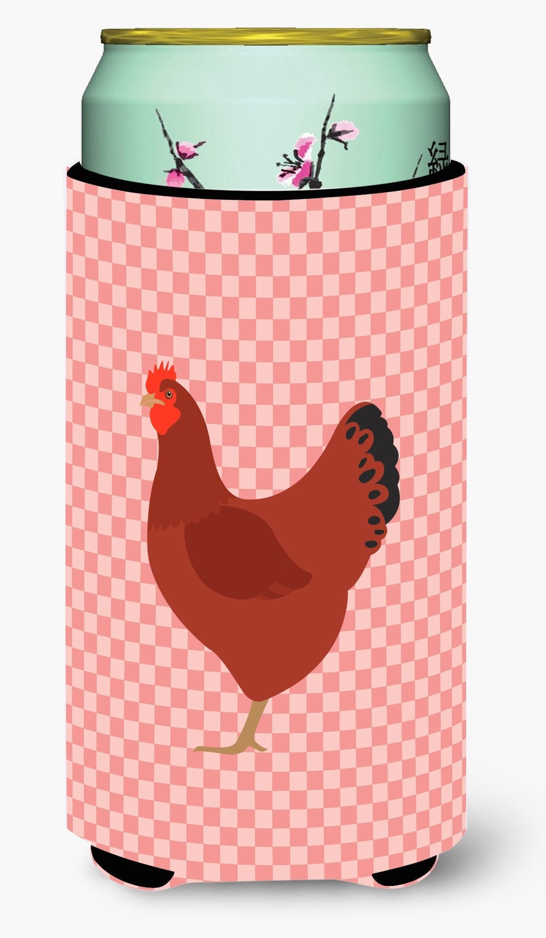New Hampshire Red Chicken Pink Check Tall Boy Hugger Can Cooler Sleeve Machine Washable Drink Collapsible Insulator Beverage Insulated Holder