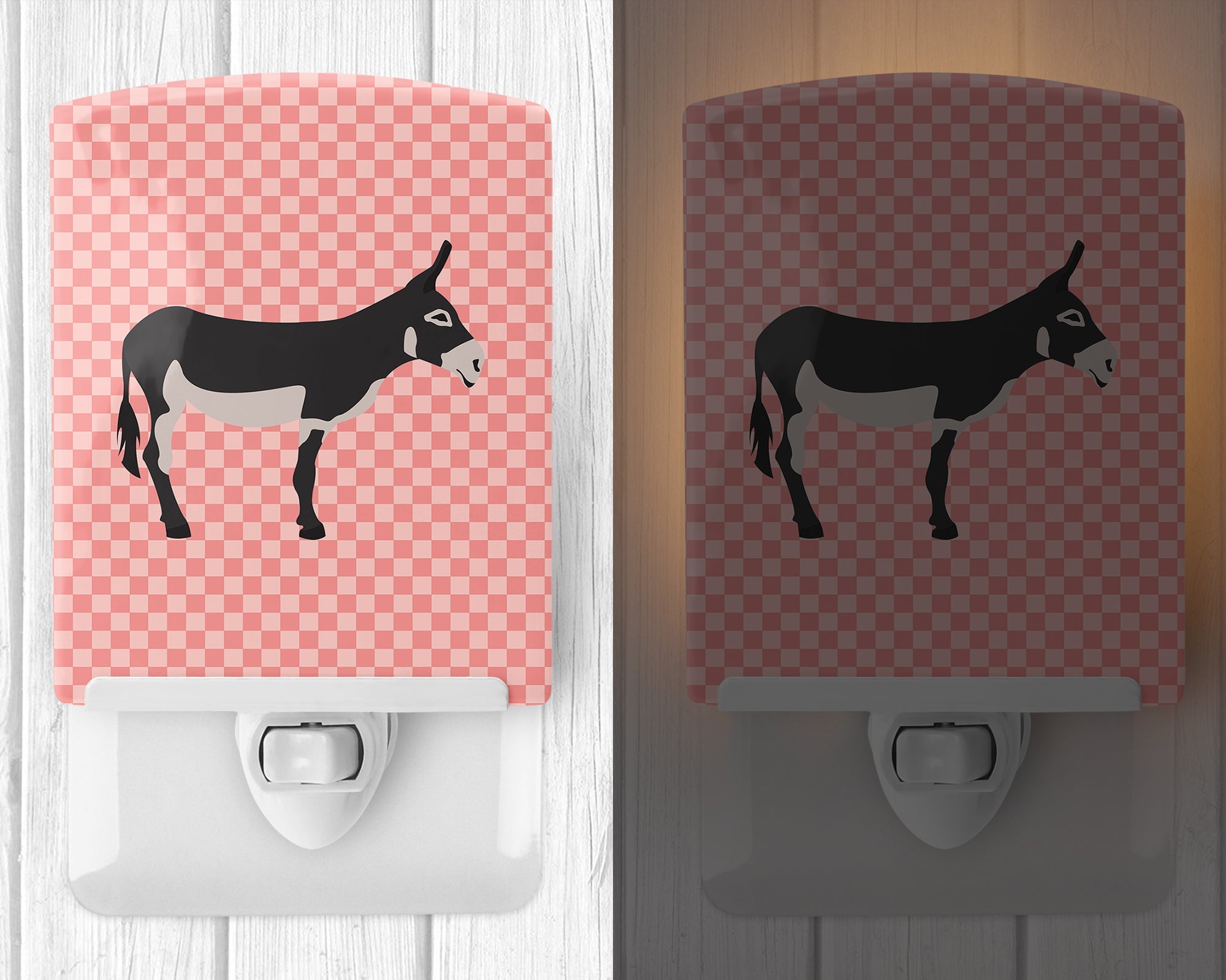 American Mammoth Jack Donkey Pink Check Ceramic Night Light Compact, UL-Certified, Ideal for Bedroom, Bathroom, Nursery, Hallway, Kitchen, 6x4x3, Multicolor