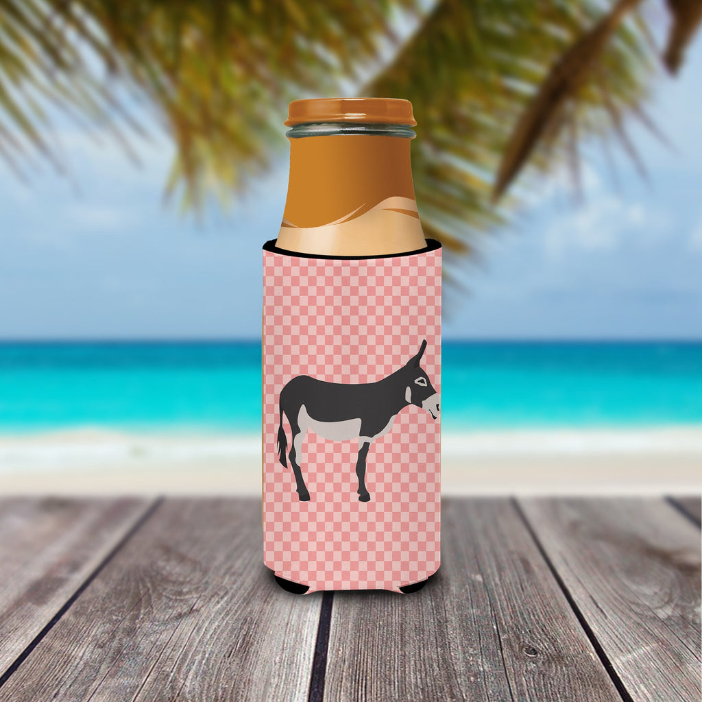 American Mammoth Jack Donkey Pink Check Slim Can Hugger , Insulated Foam Hugger for 12 oz Slim Cans, Beer Bottles & Water Bottles, Printed in USA