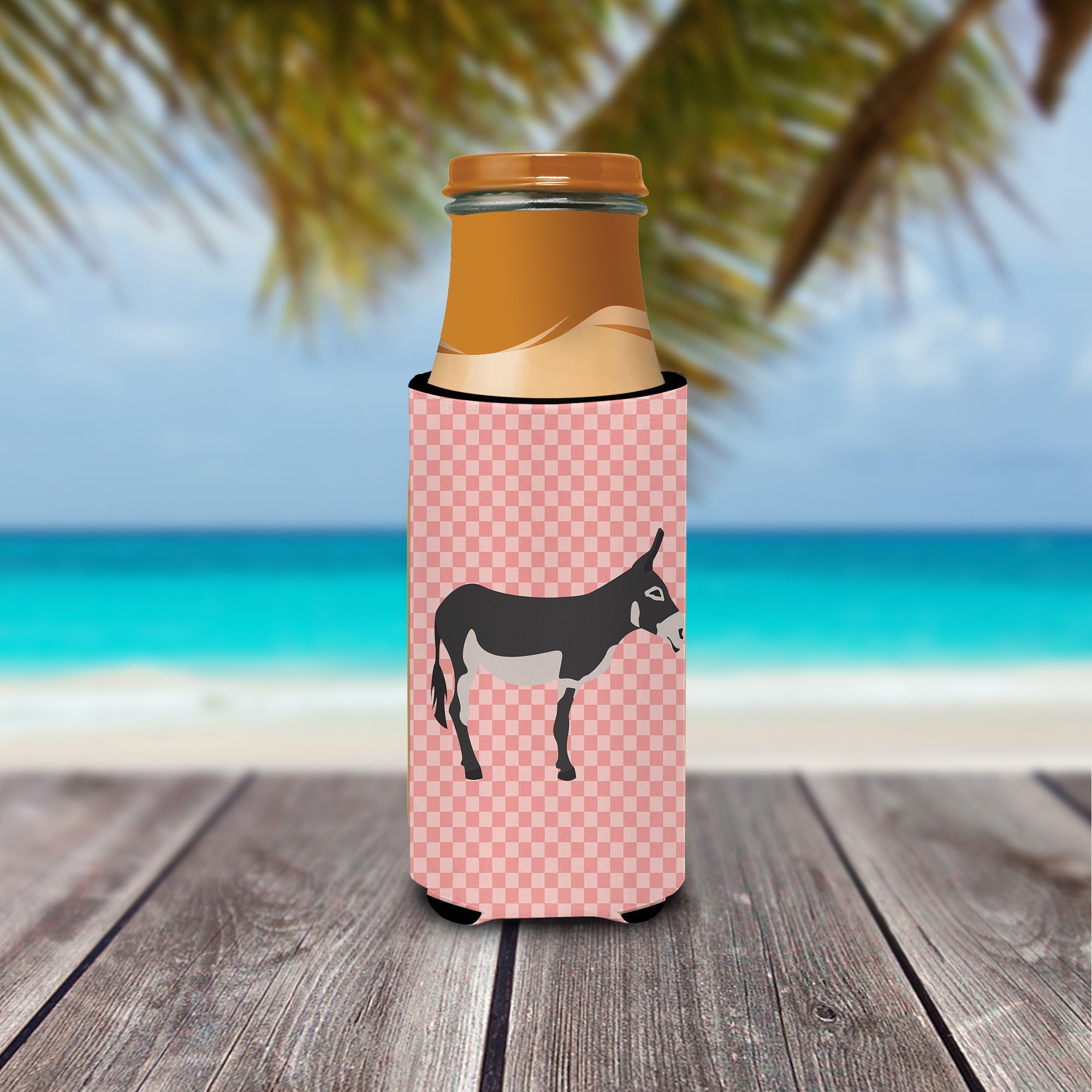 American Mammoth Jack Donkey Pink Check Slim Can Hugger , Insulated Foam Hugger for 12 oz Slim Cans, Beer Bottles & Water Bottles, Printed in USA