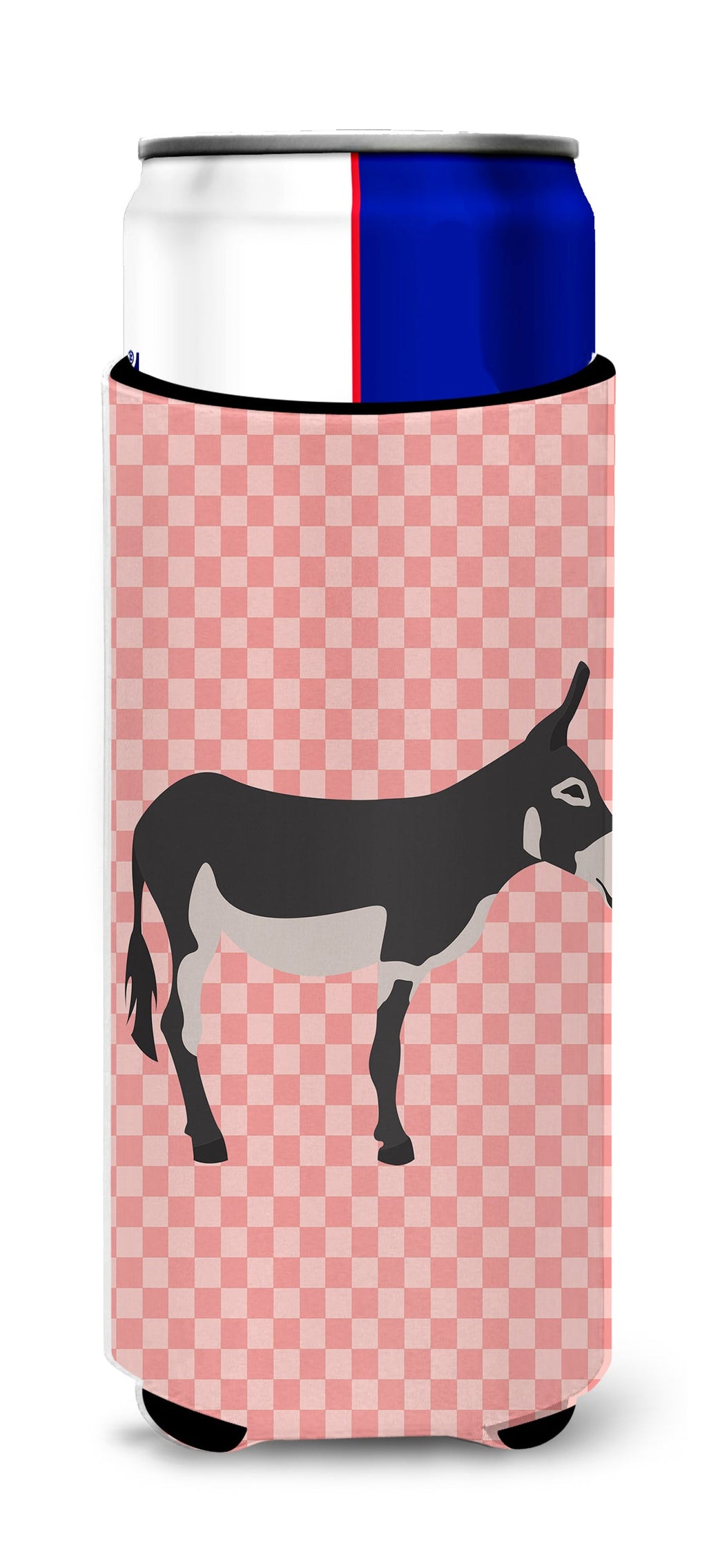 American Mammoth Jack Donkey Pink Check Slim Can Hugger , Insulated Foam Hugger for 12 oz Slim Cans, Beer Bottles & Water Bottles, Printed in USA