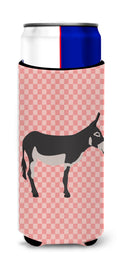 American Mammoth Jack Donkey Pink Check Slim Can Hugger , Insulated Foam Hugger for 12 oz Slim Cans, Beer Bottles & Water Bottles, Printed in USA