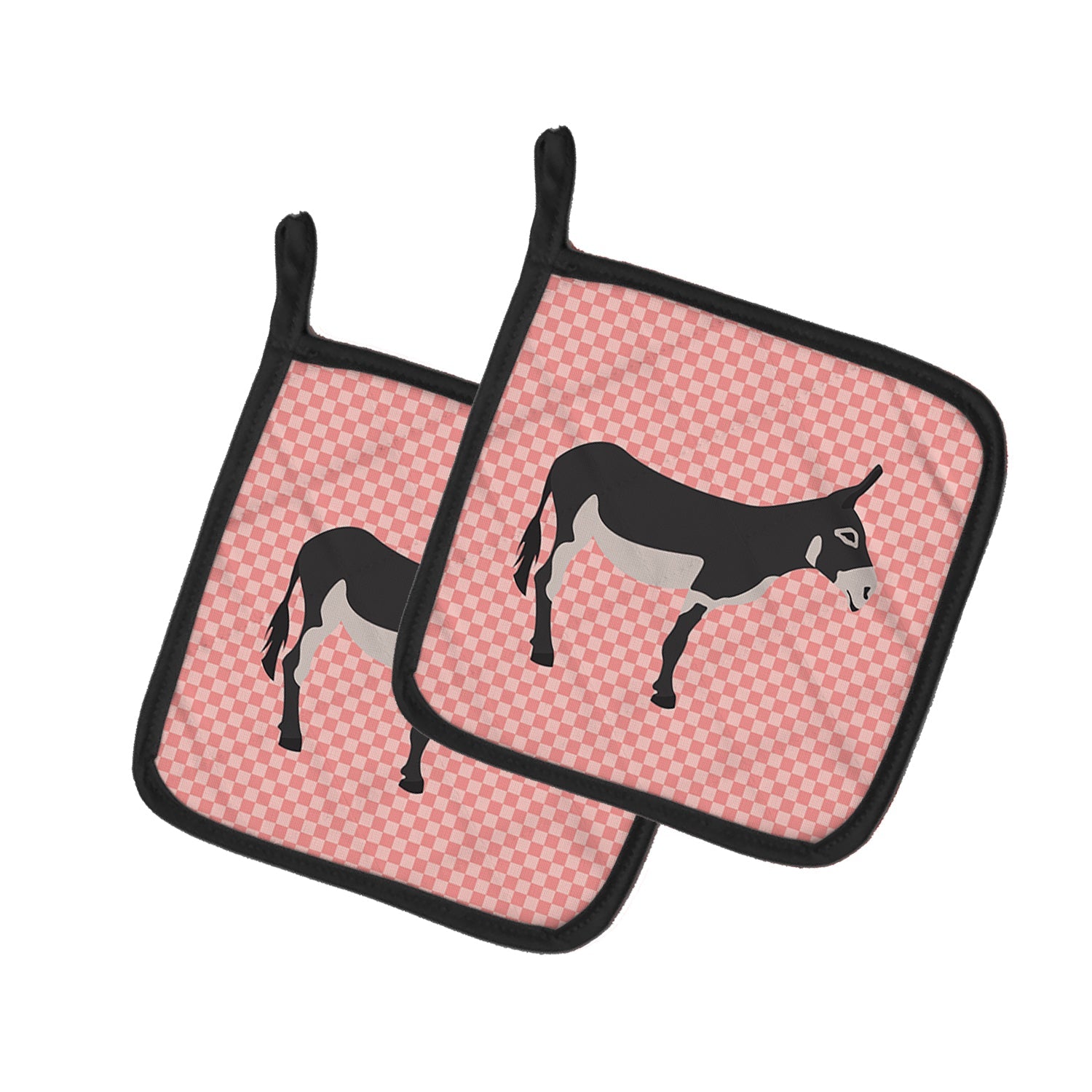 American Mammoth Jack Donkey Pink Check Pot Holder Set of 2 Heat Resistant Quilted Hot Pads 7.5 x 7.5 Inch, Insulated Kitchen Trivets for Cooking & Baking
