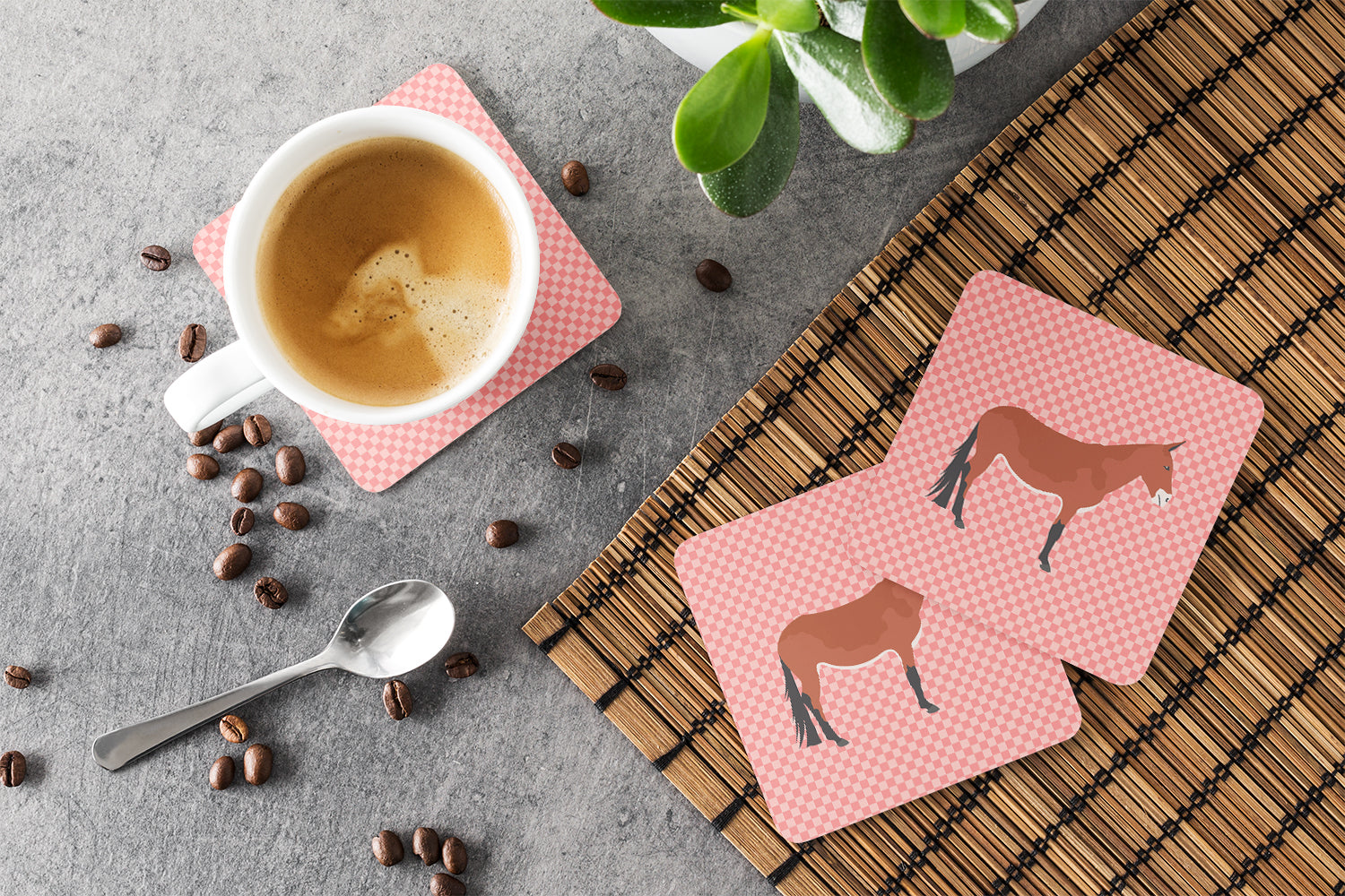Mule Pink Check Foam Coasters Set of 4 Cup Coasters for Indoor Outdoor, Tabletop Protection, Anti Slip, Mouse pad Material