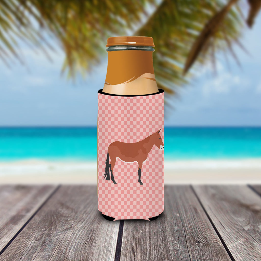 Mule Pink Check Slim Can Hugger , Insulated Foam Hugger for 12 oz Slim Cans, Beer Bottles & Water Bottles, Printed in USA