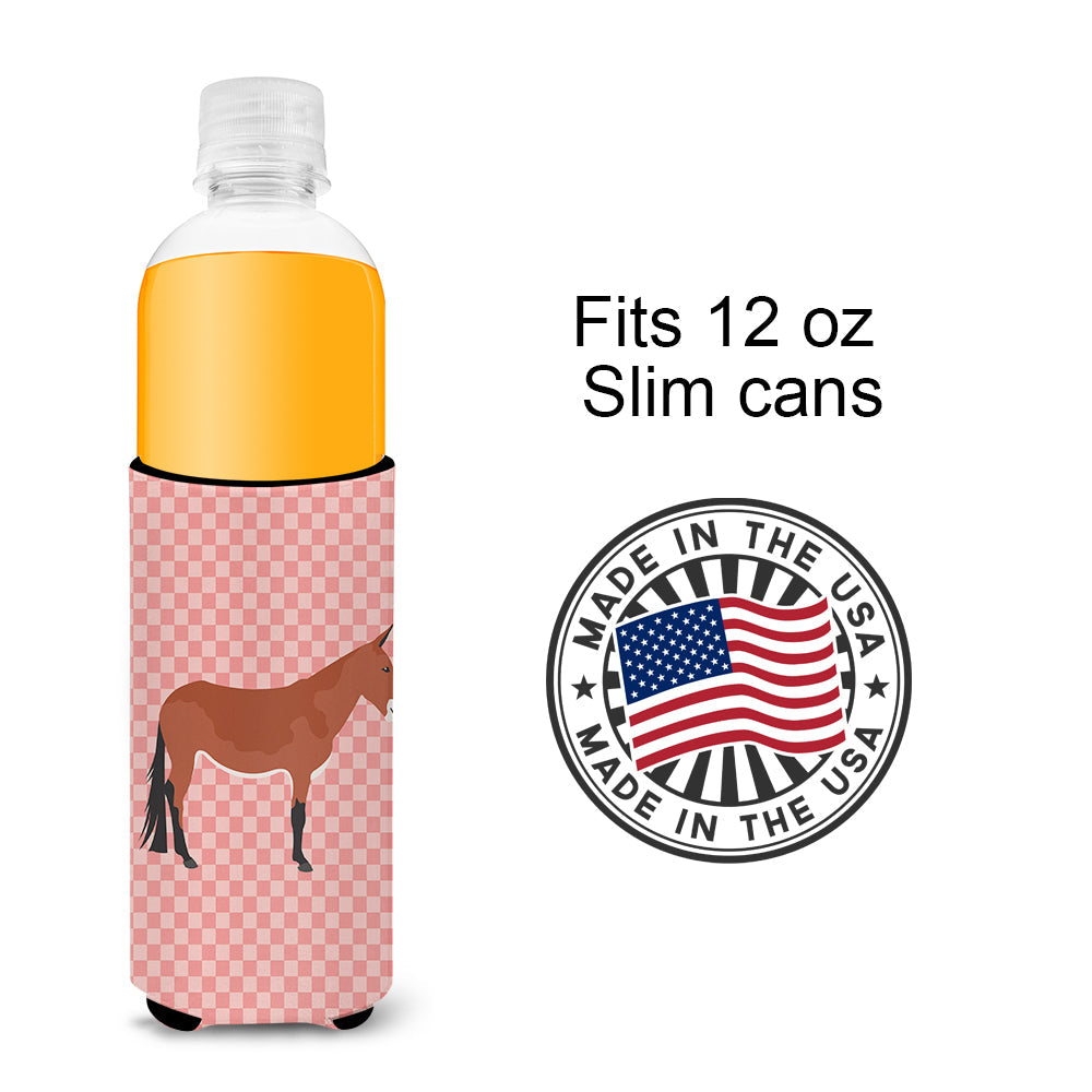 Mule Pink Check Slim Can Hugger , Insulated Foam Hugger for 12 oz Slim Cans, Beer Bottles & Water Bottles, Printed in USA