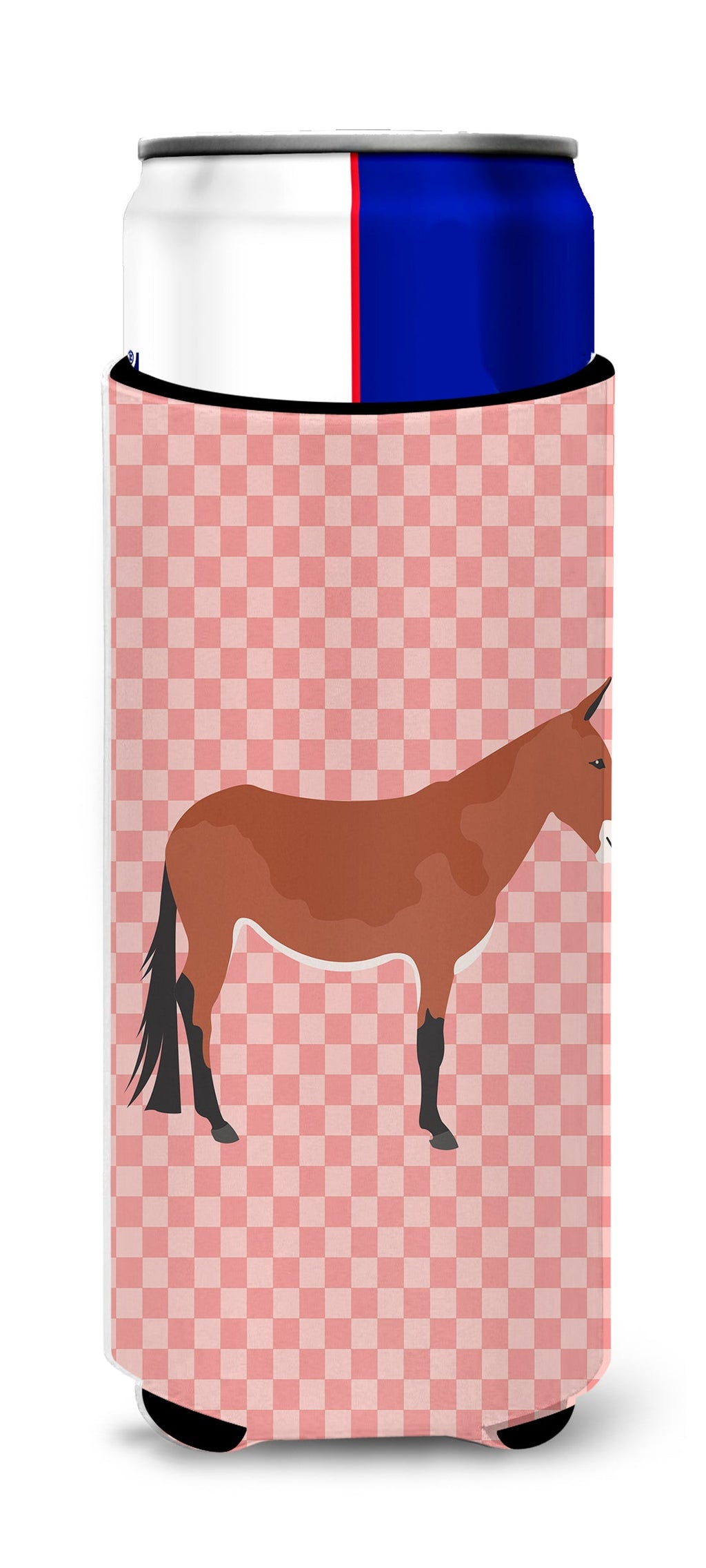 Mule Pink Check Slim Can Hugger , Insulated Foam Hugger for 12 oz Slim Cans, Beer Bottles & Water Bottles, Printed in USA