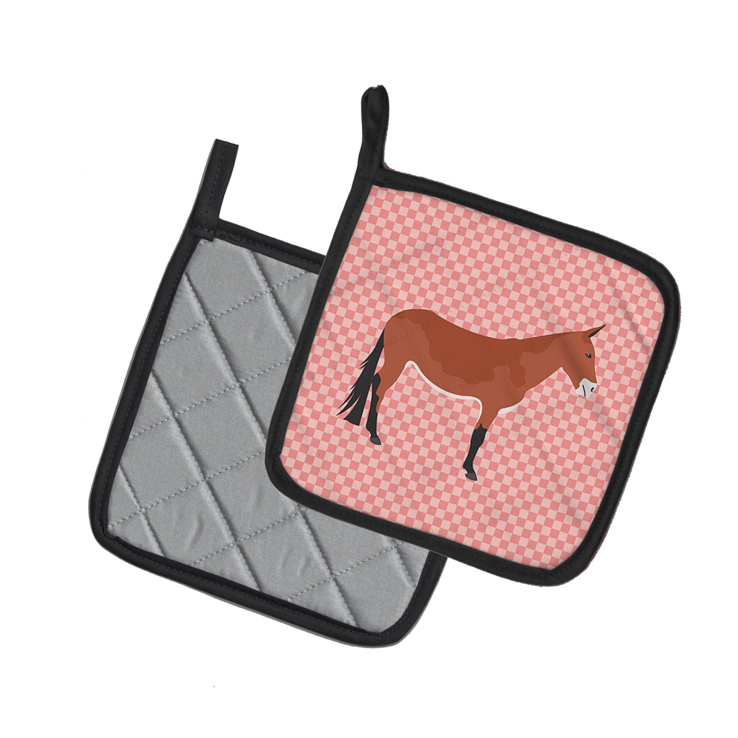 Mule Pink Check Pot Holder Set of 2 Heat Resistant Quilted Hot Pads 7.5 x 7.5 Inch, Insulated Kitchen Trivets for Cooking & Baking