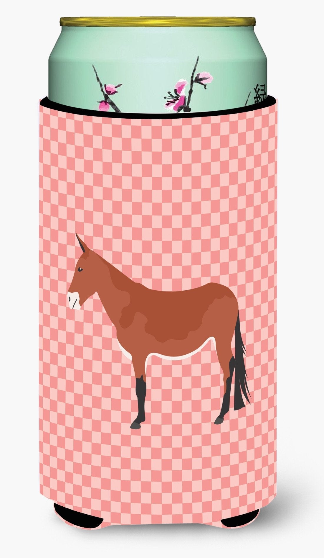 Mule Pink Check Tall Boy Hugger Can Cooler Sleeve Machine Washable Drink Collapsible Insulator Beverage Insulated Holder