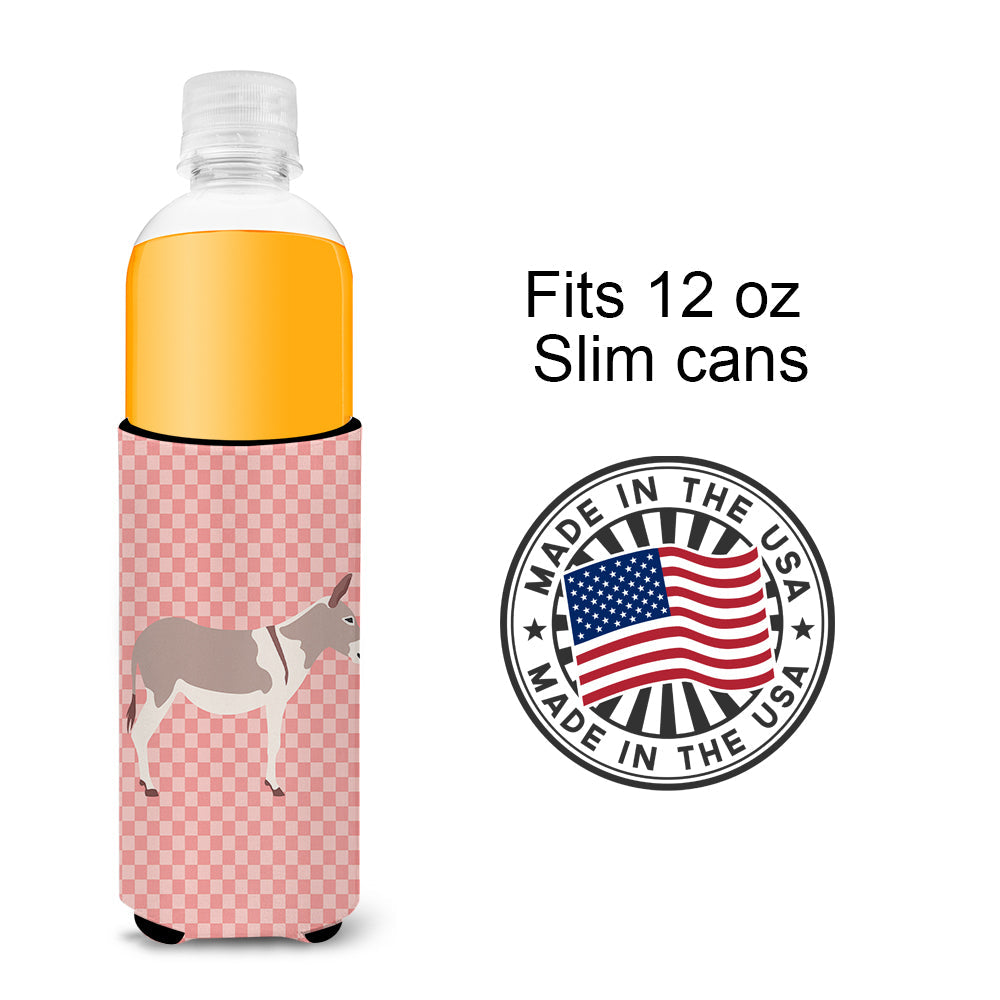Australian Teamster Donkey Pink Check Slim Can Hugger , Insulated Foam Hugger for 12 oz Slim Cans, Beer Bottles & Water Bottles, Printed in USA