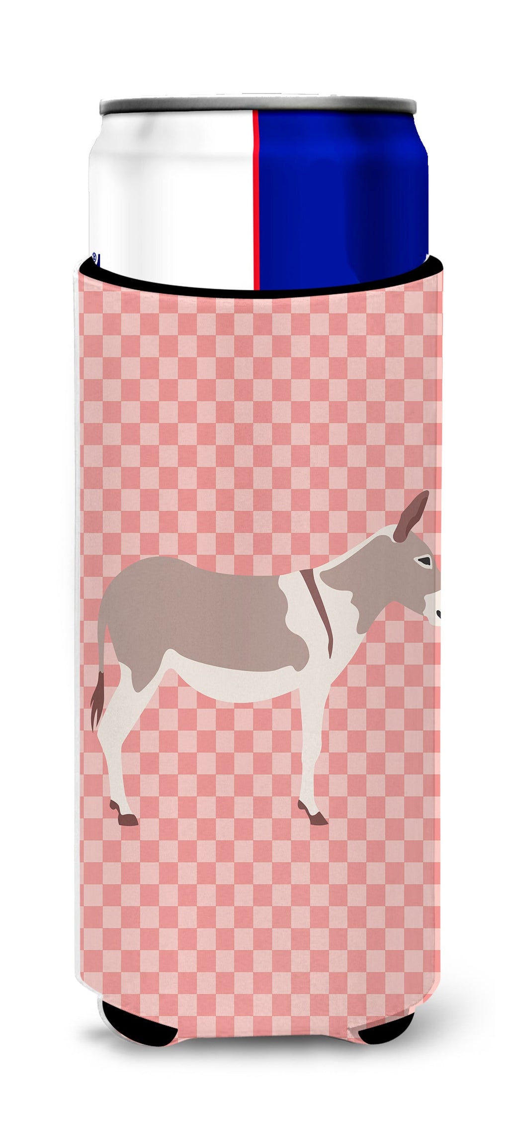 Australian Teamster Donkey Pink Check Slim Can Hugger , Insulated Foam Hugger for 12 oz Slim Cans, Beer Bottles & Water Bottles, Printed in USA