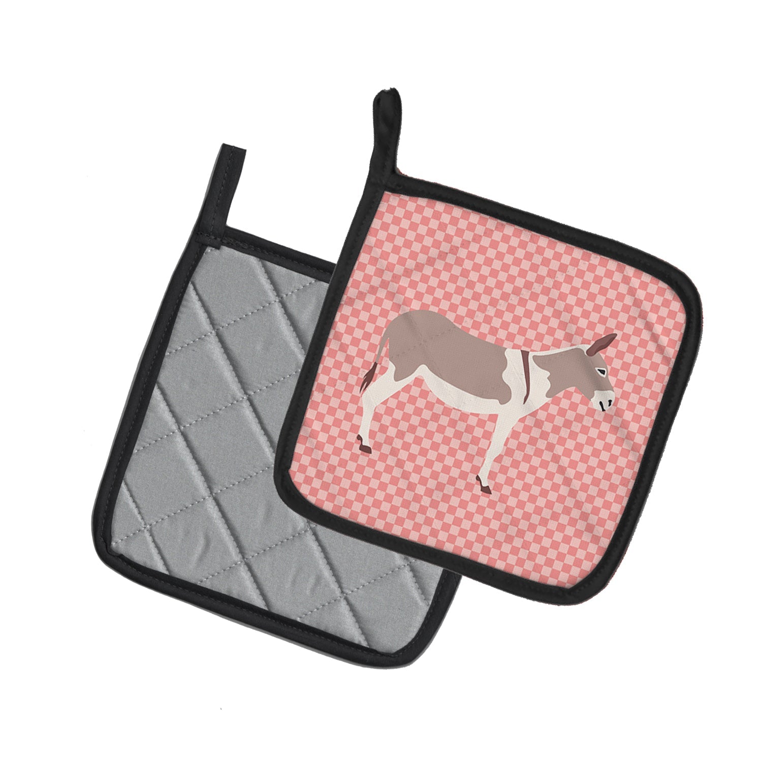Australian Teamster Donkey Pink Check Pot Holder Set of 2 Heat Resistant Quilted Hot Pads 7.5 x 7.5 Inch, Insulated Kitchen Trivets for Cooking & Baking