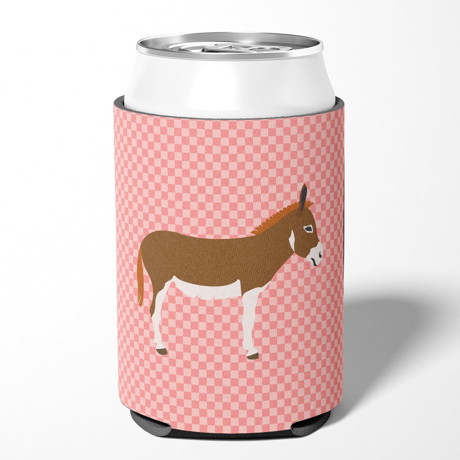 Miniature Mediterranian Donkey Pink Check Can or Bottle Hugger Cooler Sleeve for Standard 12 oz Cans, Insulated Foam Beer & Soda Can Hugger Reusable