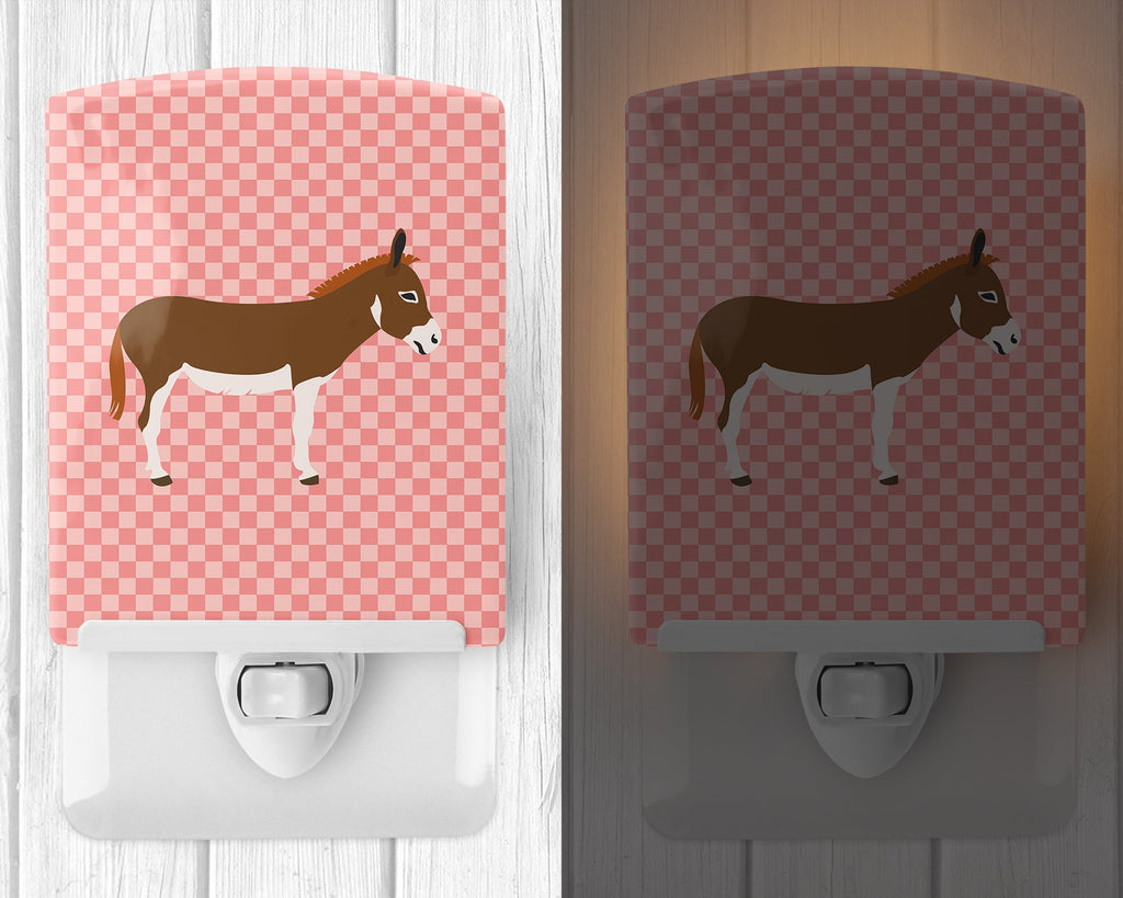 Miniature Mediterranian Donkey Pink Check Ceramic Night Light Compact, UL-Certified, Ideal for Bedroom, Bathroom, Nursery, Hallway, Kitchen, 6x4x3, Multicolor