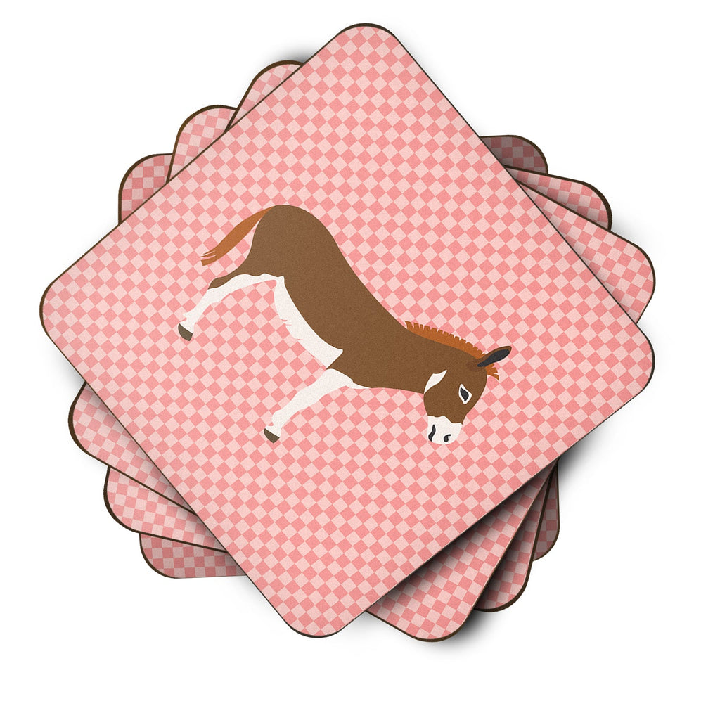 Miniature Mediterranian Donkey Pink Check Foam Coasters Set of 4 Cup Coasters for Indoor Outdoor, Tabletop Protection, Anti Slip, Mouse pad Material