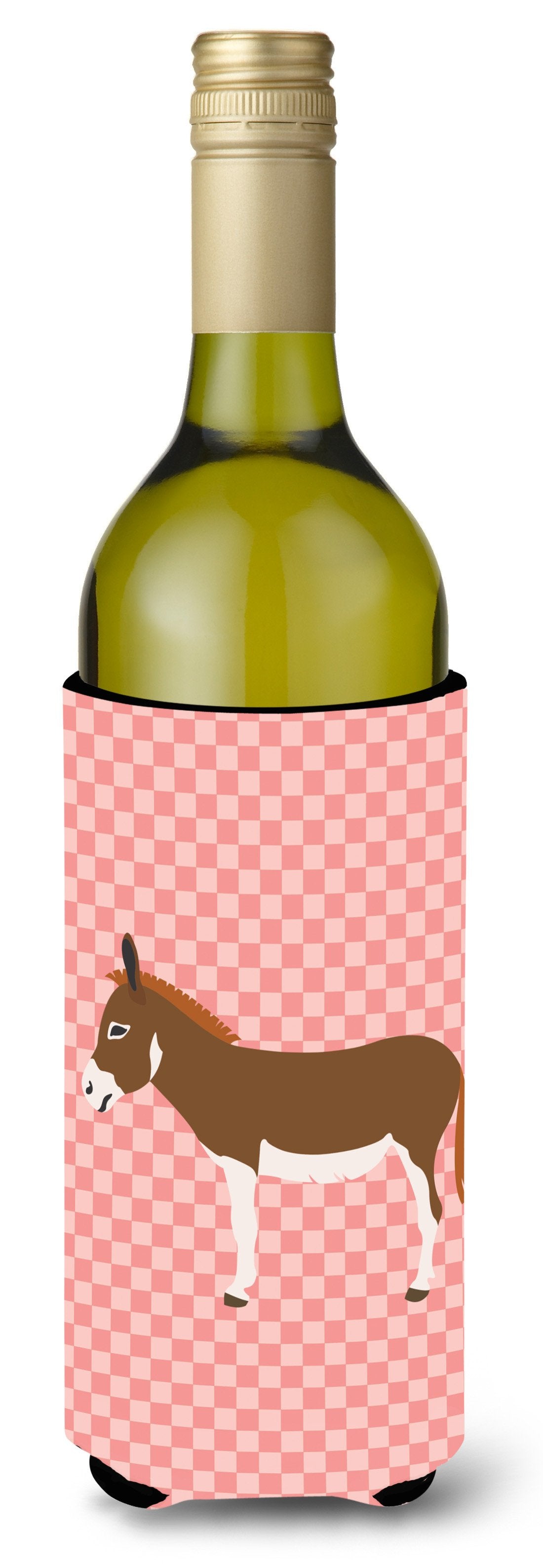 Miniature Mediterranian Donkey Pink Check Wine Bottle Hugger Gift Sleeve for Standard 750 ml Bottles, Insulated Reusable Also Fits Mini Shot & Pint Bottles