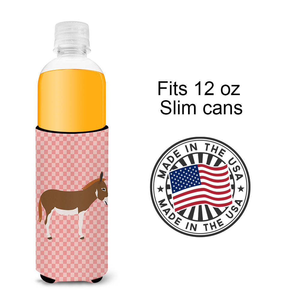 Miniature Mediterranian Donkey Pink Check Slim Can Hugger , Insulated Foam Hugger for 12 oz Slim Cans, Beer Bottles & Water Bottles, Printed in USA