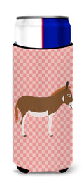 Miniature Mediterranian Donkey Pink Check Slim Can Hugger , Insulated Foam Hugger for 12 oz Slim Cans, Beer Bottles & Water Bottles, Printed in USA