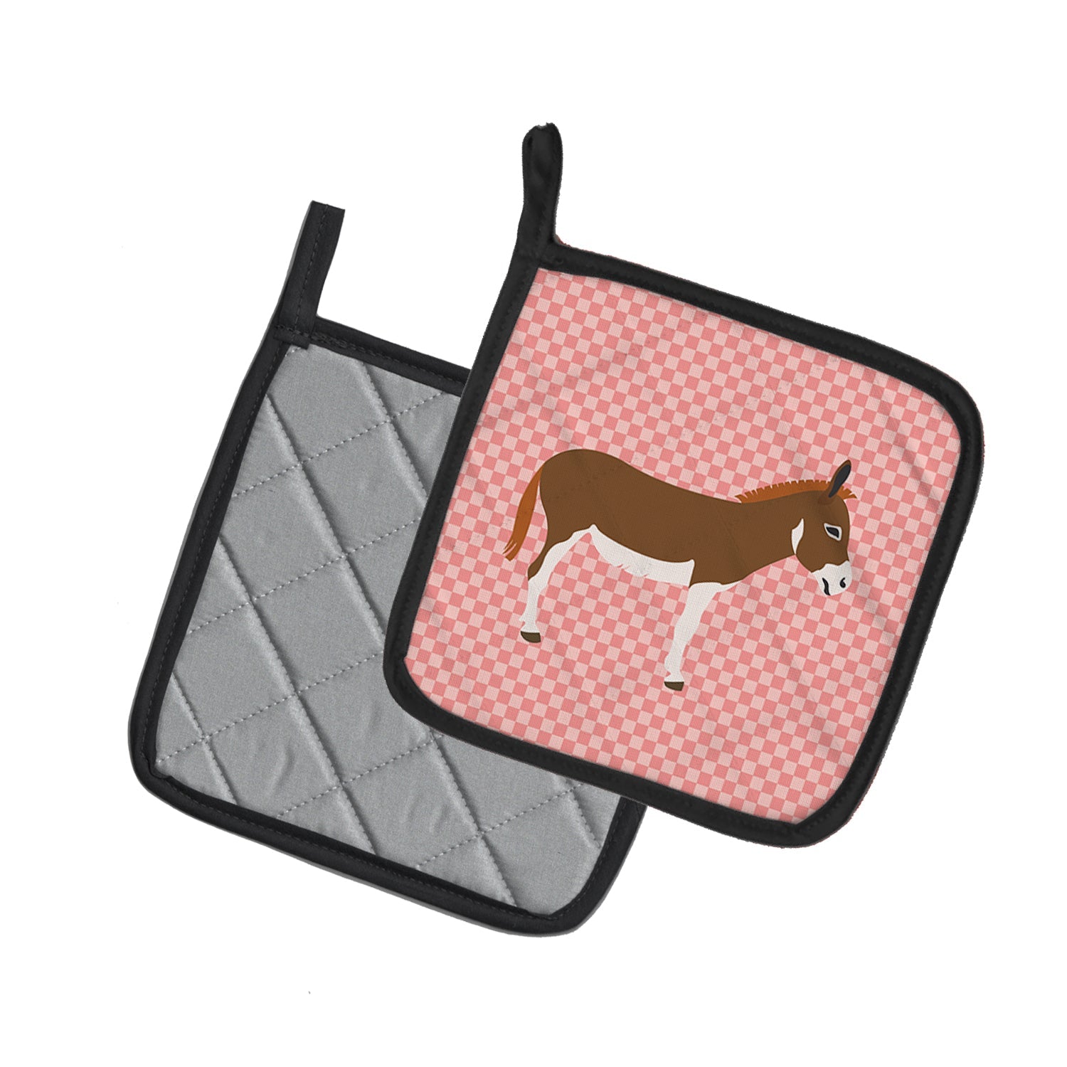Miniature Mediterranian Donkey Pink Check Pot Holder Set of 2 Heat Resistant Quilted Hot Pads 7.5 x 7.5 Inch, Insulated Kitchen Trivets for Cooking & Baking