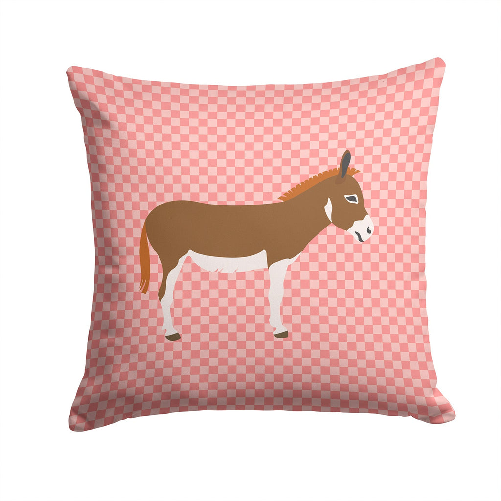 Miniature Mediterranian Donkey Pink Check Decorative Throw Pillow 14x14 Indoor Outdoor Accent Cushion, Fabric Cover with Insert for Sofa, Bed, Porch & Living Room